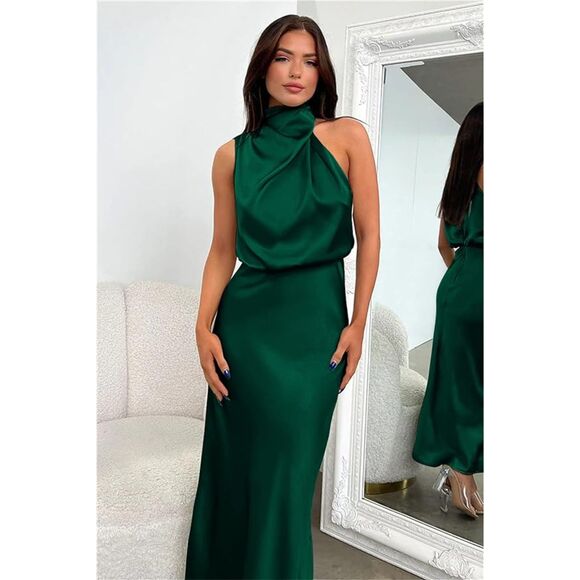 CALEBGAR Lake Blue Satin Dress Mock Neck Elastic Waist Maxi Dress Sz M - Picture 1 of 8